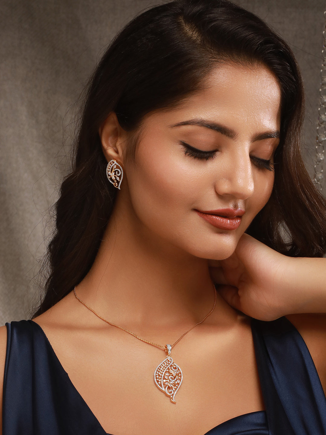 Gold Toned AD Zircon Studded Designer Floral Pendant Necklace Jewellery Set